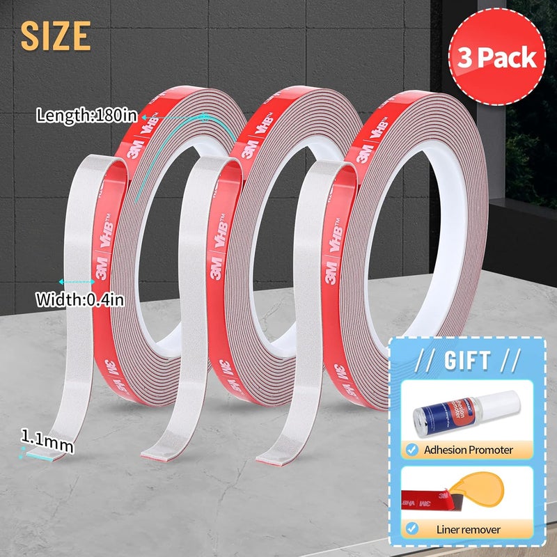 PHIXBEAR 3 Pack Super Strong Adhesion - Heavy Duty Double Sided Tape, Waterproof Multipurpose Mounting Tape for Indoor & Outdoor Use, Automotive Wall Foam Adhesive (0.4in×45ft) - Image 2